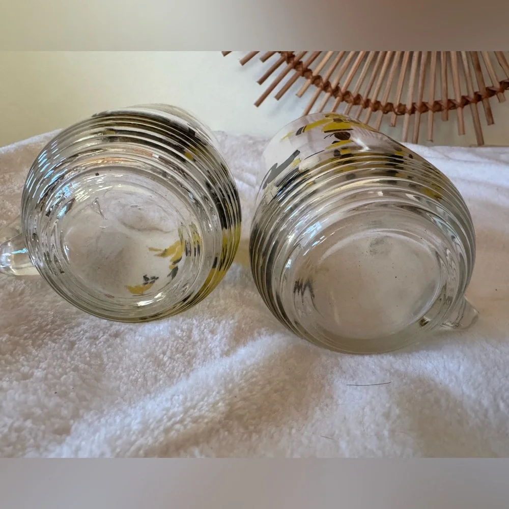 Vintage Hazel Atlas Glass Pair Beer Mug 1950 Hansel & Gretal Design Yellow Black